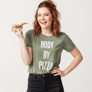 Modern Lux “Body By Pizza” Graphic Tee Olive Green High Low Hem Size XL